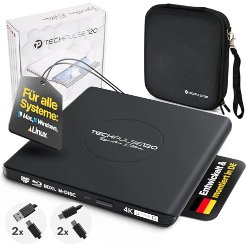 techPulse120 Externe USB 3.1 USB-C UHD 4k 3D M-DISC Blu-ray DVD CD HDR10 128GB Lecteur Graveur Burner Signature Paquet Sac 90cm Câble de Connexion Aluminium (Noir)