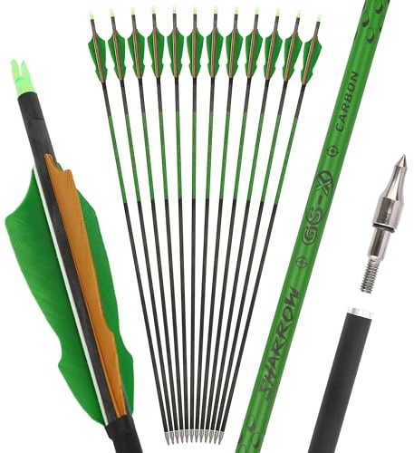 limaity 30 Freccia in Carbonio con Piume di Tacchino da 4, Spina 300/400/500/600/700/800 per Compound, Recurve e Arco Lungo, Ideale per Obiettivi e Caccia (12PCS,Spine400,2 Verdi 1 Marrone)