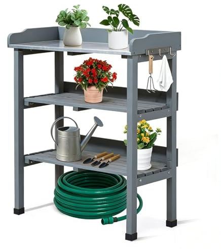 Bonnlo Wooden Potting Table with Metal Tabletop, Potting Bench with Tool Hooks & Storage Shelves, Planting Work Station for Greenhouse (Grey)