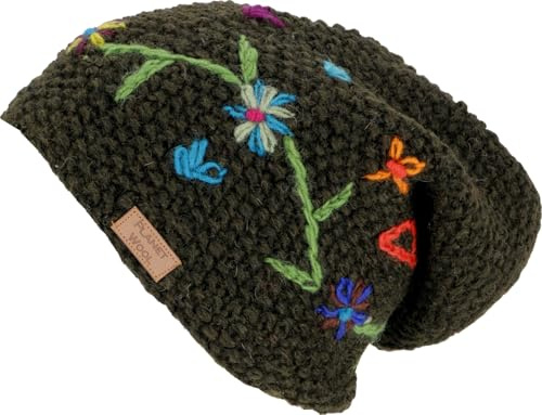GURU SHOP Beanie Mütze, bestickte Strickmütze, Nepalmütze, Wintermütze | Handgestrickte Wollmütze, Schafwolle, Fleecefutter, Unisex, Kopfumfang 56-60 cm, fair gehandelt, warm und kuschelig