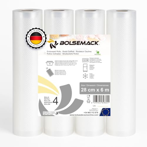 Rollo para envasar al vacio gofrado ideal alimentos 28 x 600 cm, 4 Unidades (28cm x 6m). Compatible con toda envasadora doméstica. Muy resistentes. Con certificado europeo.