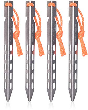 iBasingo Titanlegierung V-Heringe 16cm Zeltstifte 4 Stück Ti4009P | mit 6 Löcher Ultraleicht V-förmige TitanZeltheringe für Sand Wiese Wald Schnee, Rostfrei Camping Zubehör, Nur 12g/Stück
