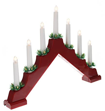 Festive Christmas Static 7 LED RED Wood LED CANDLE ARCH/CANDLELIER/bridge - Battery with Timer