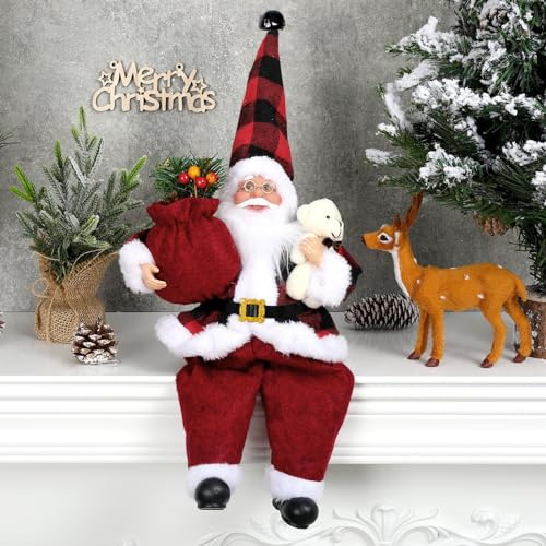AnyDesign Christmas Sitting Santa Hand Crafted Cute Chic Santa Claus Figurines Doll with Gift Bag and Little Bear Christmas Decoration for Home Office Table Display Xmas Party Ornament Gift