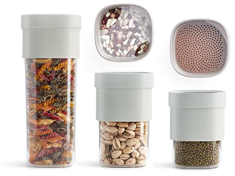 Lékué Set Botes de cocina para almacenar alimentos, Flip Storage Set 3 contenedores + 2 accesorios