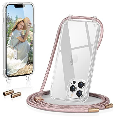 GOODVISH Handykette für iPhone 13 Pro Max Hülle mit Band, Rosé Gold | Kameraschutz und Bildschirmschutz, Necklace Handyhülle Schnur Schutzhülle für Umhängen Transparent Case mit Kordel 6.7