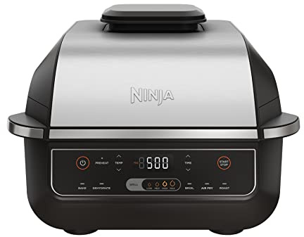Ninja EG201 Foodi 6-in-1 Indoor Grill with Air Fry, Roast, Bake, Broil, & Dehydrate, 2nd Generation, Dishwasher Safe, Black/Silver