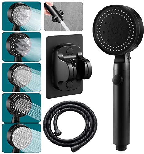 Duschkopf Handbrause Wassersparend Duschbrause mit Schlauch Halterung Brausekopf Dusche Schwarz Sparduschkopf mit 5 Strahlarten Hochdruck Duschkopf mit Wasserstop Shower Head für Baden