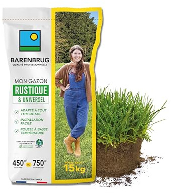 Barenbrug - Gazon Rustique & Universel - Adapté Tous Sols - Installation Facile et Rapide - Pousse à Basse Température - Engrais Compatible Agriculture Biologique - Fabriqué en France - 15KG