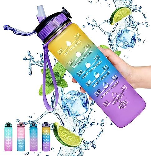 Gaiayhc Sports Water Bottle 1 L,Motivational with Time Marker and Straw,30oz Leakproof Design for Sports,Hiking,Gym,Fitness,Outdoor,Cycling,School & Office, Gradient Purple Blue