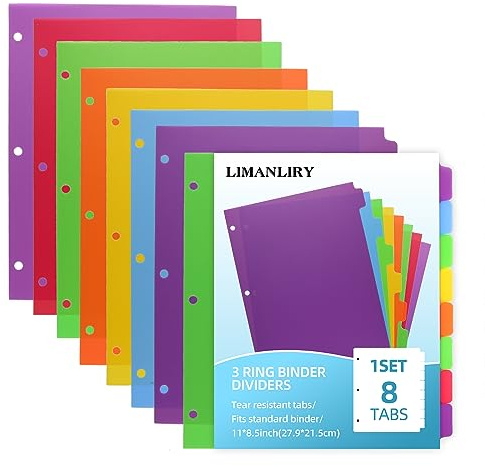 Colorful Binder Dividers with Tabs,Plastic Index with 8-Tabs,for 3 Ring Binder,6 Sets