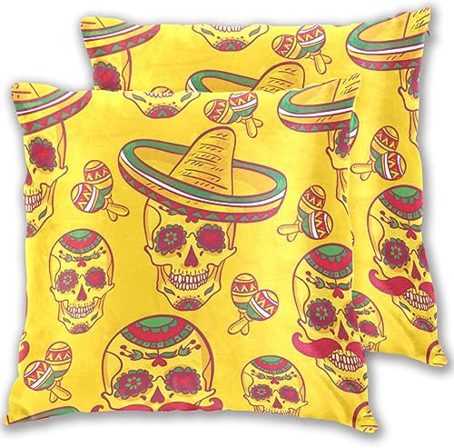 FRODOTGV Cinco De Mayo Totenkopf Happy Halloween Gelb Mexicana Schwangerschaftskissenbezug Satin Kissenbezug mit Reißverschluss Kissenbezug Twin Eurosham Kissenbezüge Vintage Wurfkissenbezug