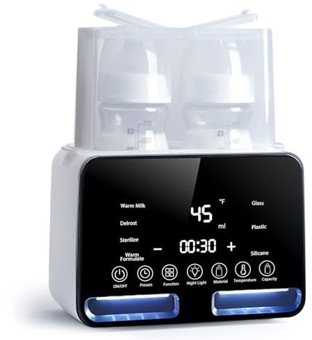 Losbenco Double Bottle Warmer and Steri-lizer, 8-in-1 Fast Baby Milk Warmer with Timer for Breastmilk or Formula, Multifunctional Bottle Warmer with Food Heater Defro