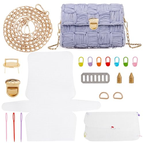 WADORN DIY Stricken Häkeln Taschen Kit, Acrylgarne Weben Tasche Herstellung Materialien Blank Mesh Kunststoff Leinwand Blätter für Stickerei Kreuzstich DIY Frauen Handgemachte Taschenherstellung