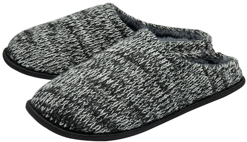 DUNLOP Mens Slippers Slip On Knitted Mules Faux Fur Lined Memory Foam Plush House Slippers Breathable Indoor Outdoor Shoes