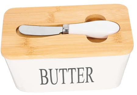 GRADENEVE Keramik Butterdose Mit Holzdeckel Und Buttermesser Butter Aufbewahrungsbox Vielseitiger Käsebehälter Spülmaschinenfest Platzsparend Für Küche Und Restaurant