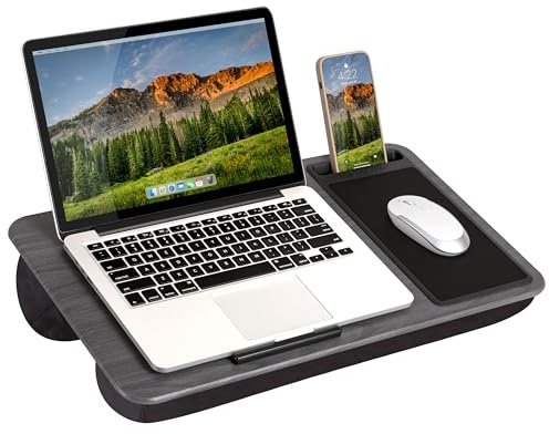 Home Office Knietisch von Lapgear mit Geräteleiste, Mauspad und Handyhalterung, graue Holzmaserung, passend für Laptops bis ca. 40 cm (15,6 Zoll), Stil Nr. 91545