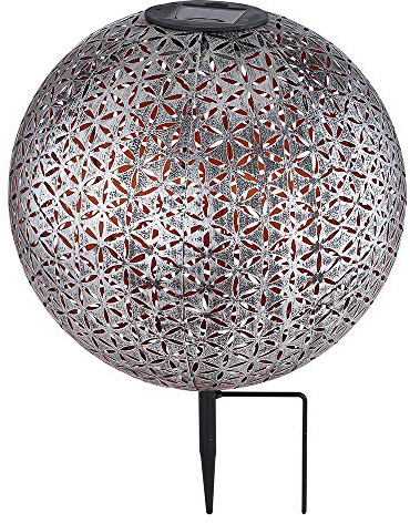 GLOBO LED Solar Steck Leuchte Außen Garten Erdspieß Strahler Stanzungen Deko-Licht Terrassen Hof Balkon Kugel Lampe, Farbe:silber - Blumen-Optik H 38 cm