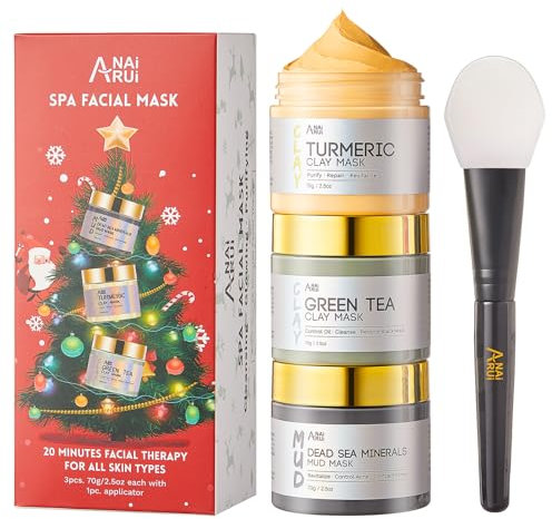ANAiRUi Coffret Noel Femme Masque Visage Argile, Masque Visage au Curcuma + Masque d'Argile Détox au thé Vert + Masque de Boue aux Minéraux de la Mer Morte, 210g