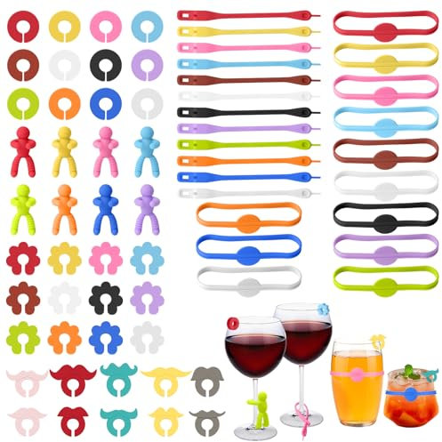 Lot de 68 marqueurs de verre - Marqueurs de verre - Marqueurs de verre - Marqueurs de verre en silicone et pendentifs pour verre à vin, tasses, verres à cocktail, verre à martini, Verschiedene Größen,
