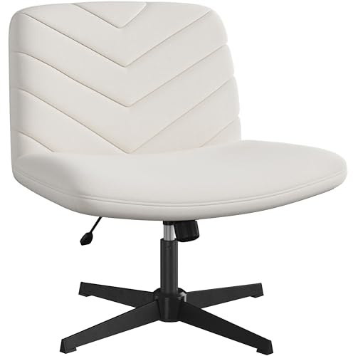 Yaheetech Wide Seat Cross Legged Office Chair, Adjustable Armless Office Chairs with No Wheels, Vanity Chair Criss Cross Chair Swivel Computer Chairs, Beige