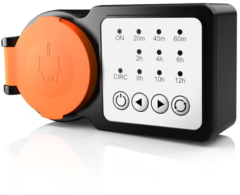 GreenSun Digitale Zeitschaltuhr Steckdose IP44, Countdown und CIRC-Zyklus | Programmierbarer Timer für Garten, Beleuchtung und Poolpumpe; IP44-Spritzwasserschutz und orange