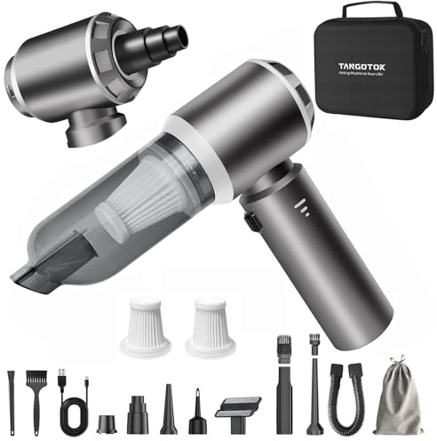 TANGOTOK 4-in-1 Cordless Car Vacuum & Compressed Air Duster, 20000PA Suction 80000RPM Brushless Motor, 3-Level LED Indicator for Sewing Machine Lint, Vinyl Records, PC Cleaning, Car Detailing (Silver)