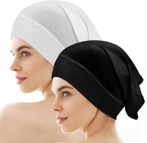 2PCS Hijab Cap Women Hijab Undercaps No Slip Stretch Bonnet Cap Turban Tube Inner Beanies for Islamic Muslim(Black+white, 11.41×7.08 Inches)