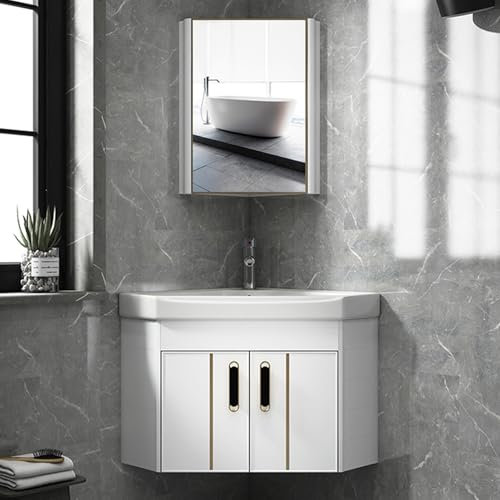 Mobile da bagno angolare con contenitore e mobiletto in ceramica, per lavabo ad angolo, in alluminio, colore bianco (48 cm)