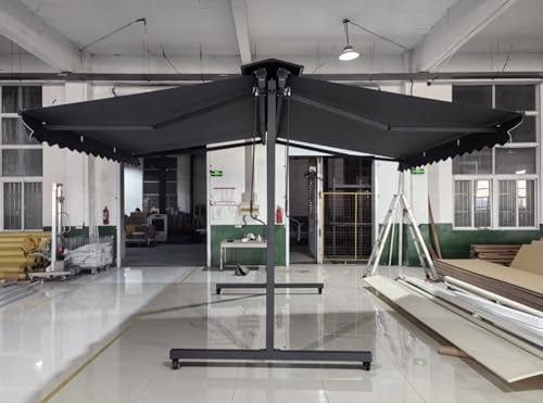 INT650 – Free Standing Awning on Wheels - Double Side Garden Patio Canopy | Retractable Manual Control | Colour Grey Frame Grey Fabric 300gsm | 50+ UV - 4m x 4m
