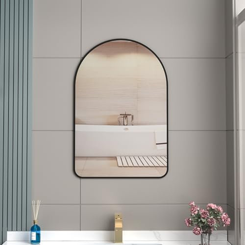 Specchio da bagno moderno nero con mensola, 40 x 60 cm, cornice profonda in metallo, specchio cosmetico HD, design ellittico decorativo per bagno, camera da letto e soggiorno