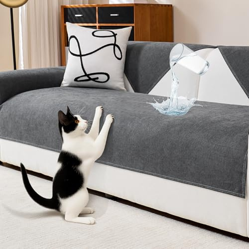 DeepDream Wasserdicht Sofa Überzug Chenille Sofabezug, Kratzfest Hund Katze Sofaschoner, Rutschfester Sofa Cover Couch Überzug 2 3 4 Sitzer für U Form L Form Sektionssofa (Dunkelgrau, 70 * 90cm)