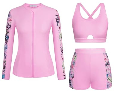 Odizli Swimming Costume Women Top + Tummy Control Swim Shorts Bikini Sets + Long Sleeve Rash Guard Vest Shirts 3 Piece Older Ladies Modest Swimwear Full Body Swimsuit Wetsuit Beachwear Pink XL