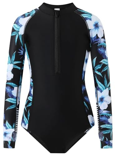OXUBOAO Kids Swimming Costume for Girls Long Sleeve Swimsuit Girls One Piece Bathing Suit Floral Zipper Swim Suit (Black,12-14T)