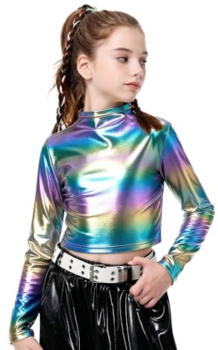 LOLANTA Top Corto Metallizzato da Bambina, Mezza Dolcevita, Maglia da Ballo Scintillante e Scintillante per Hip Hop, Disco, palco e Feste, Multicolore, 8-9 Anni, 140