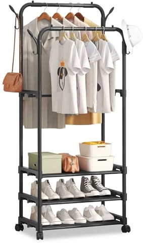 Caossuixin Kleiderständer, Große Doppelruten Kleiderstange, Multifunktional Kleiderständer auf Rollen, Robuster Dreilagigerfür Garderobenstange, Schlafzimmer, Garderobe, Waschküche, Balkon, (Schwarz)