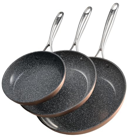 VEVOR Frying Pan Skillet, Aluminum Egg Fry Pans, 3 Piece (200, 270, 300 mm), Nonsitck Ceramic Heavy-Duty Skillets with Heat-Resistant Handle, Chef's Cookware, for Oven, Gas, Electric, Induction, Grey