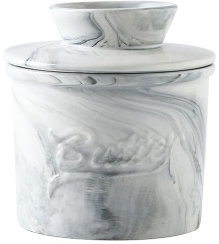Crock de mantequilla de mármol - Plato de mantequilla francés 10x10 cm, tarro de cerámica con tapa para encimera | Conservador de mantequillas francesa blanca, recipiente para mantequillas con agua,