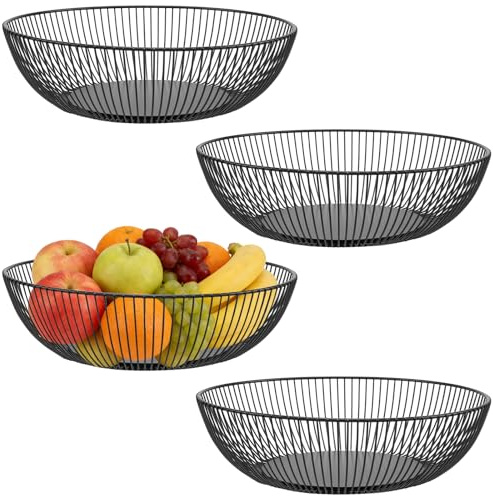 TAICHEUT 4PCS Black Wire Fruit Basket, 28x7.5cm Modern Large Round Metal Bowl for Fruits Vegetables Snacks, Kitchen Countertop Decoration