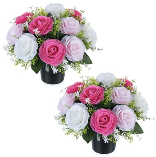 BLOSMON Macetas con Flores Artificiales para tumbas, 2 Piezas