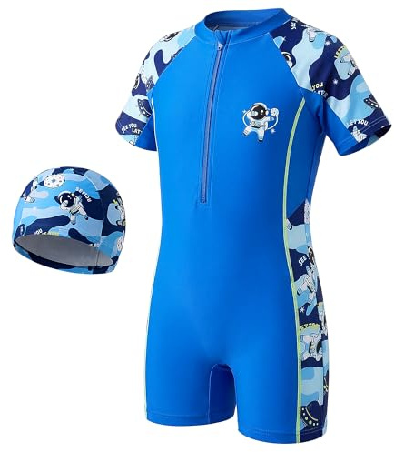 Keyck Boys Girls One Piece Swimming Costume Kids Bathing Suit 4-10 Years | Short Sleeve Swimsuit, with Front Zipper & Swim Cap, Quick Drying, Stretchy, Summer Beach Surfing Water Sports Swimwear