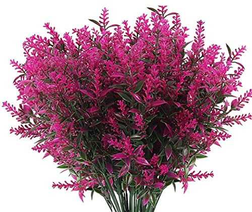 8 paquetes de flores artificiales de lavanda, plantas artificiales resistentes a los rayos UV, arbustos de plástico, flores para exteriores, decoraciones colgantes para interiores y exteriores, fucsi