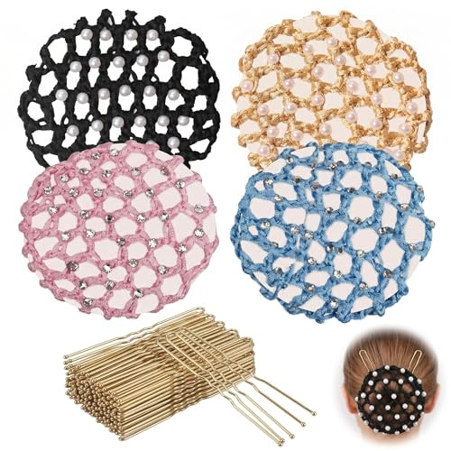 PYRUVAE 4 Piezas Redecillas Pelo para Moño con Brillantes y Perlas, Incluye 50 Horquillas en U de 6cm, Accesorios para Moño de Gimnasia Rítmica, Ballet, Patinaje y Equitación para Niñas y Mujeres