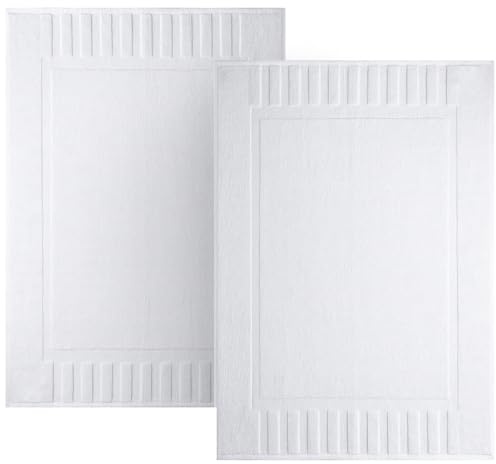 White Classic Set of 2 Bath Mats for Bathroom Floor, 86 x 56 cm Terry Cloth Hotel Styles Bath Mat 2 Pack, White Reversible Bath Towel Mats, Machine Washable Shower Bathroom Floor Towels, White
