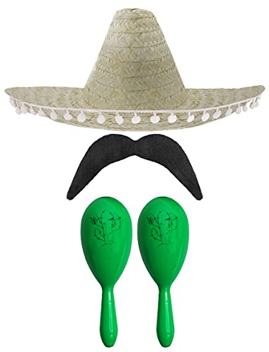 Mexikanisches Kostümzubehör-Set – Mexikanischer Sombrero mit Maracas und Fase – perfekt für mexikanisches Kostüm, Senorita, Bandit, Mariachi, Kostüm, nassischer Pompon, Sombrero + 2 x grüne Maracas