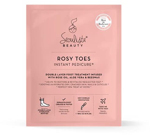 Seoulista Beauty Rosy Toes Instant Pedicure – At Home Foot Mask Treatment — Soothe and Hydrate Dry, Cracked Skin — Revitalise Neglected Feet— With Rose Oil, Aloe Vera and Beeswax — Award Winning