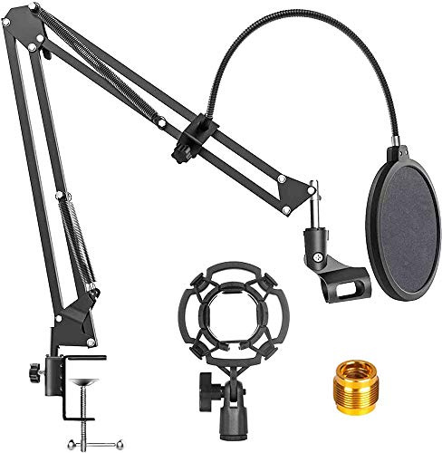 Microphone Stand, Mic Suspension Boom Scissor Arm Stand with Pop Filter and Shock Mount, 3/8 to 5/8 Adapter for Radio Broadcasting Studio, Voice-Over, Recording, Games Live, Youtube