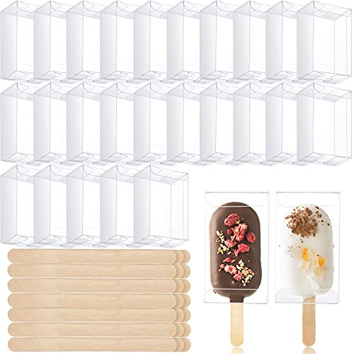 Geiserailie 50 Pcs Ice Cream Cakesicle Boxes Set Include 25 Clear Pet Cake Boxes Plastic Candy Gift Bags and 25 Wooden Sticks Treat Boxes for DIY Baking Wedding Baby Shower Birthday Party