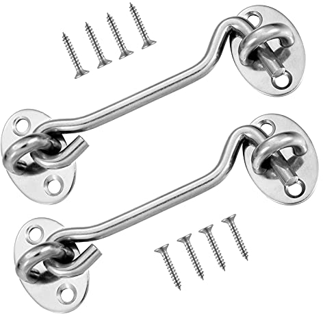 ALTcompluser 2 Pack Cabin Hook Eye Door Latch, Stainless Steel 4 Inch Gate Cabinet Latches with Mounting Screws, Heavy Duty Swivel Latch Lock for Window, Sliding Door, Bedroom and Bathroom