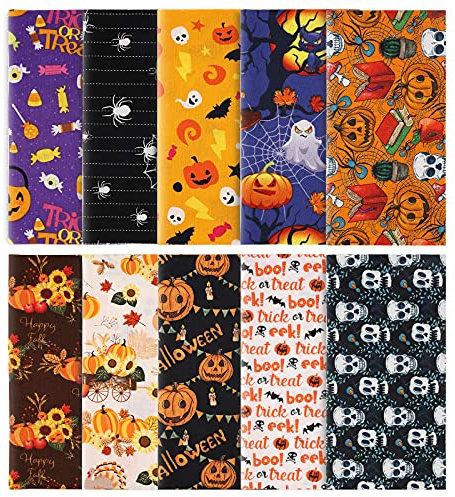 Luter 10pcs 10x10inch Halloween Theme Fabric, Halloween Fat Quarter Pure Cotton Fabric Bundle for DIY Decorations Sewing Crafts Festival Series Supplies Patchwork